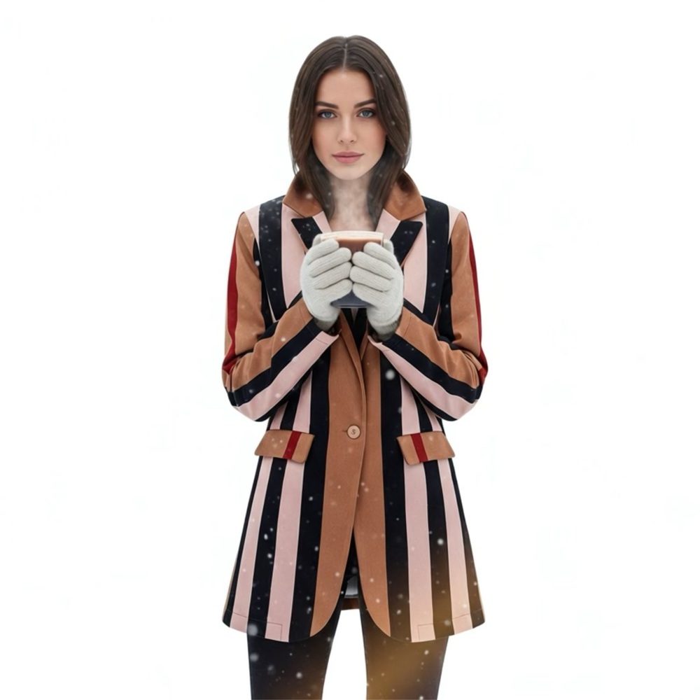 Vertical Stripe Woolen Tan Coat Black Red Peach Collar Buttoned Front‎ Pocketed